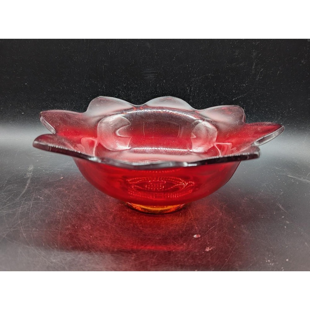 Vintage Fenton Ruby Red Cadmium Glass Lotus Flower Bowl Amberina Glow  8"